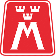 Logga med röd bakgrund och ett vitt M, tre vita kronor